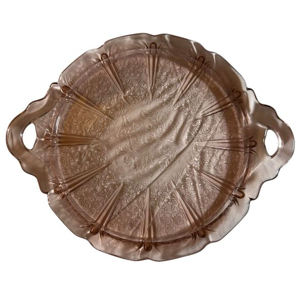 Vintage Jeanette Pink Depression Glass Platter Tray Handled Cherry Blossom - Picture 1 of 8